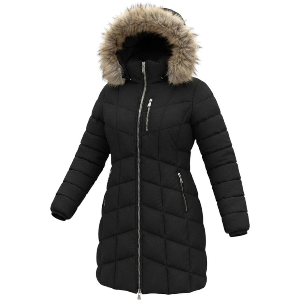 Calvin Klein Womens XL Black Quilted Puffer Coat Faux Fur Hood Knee Length Parka